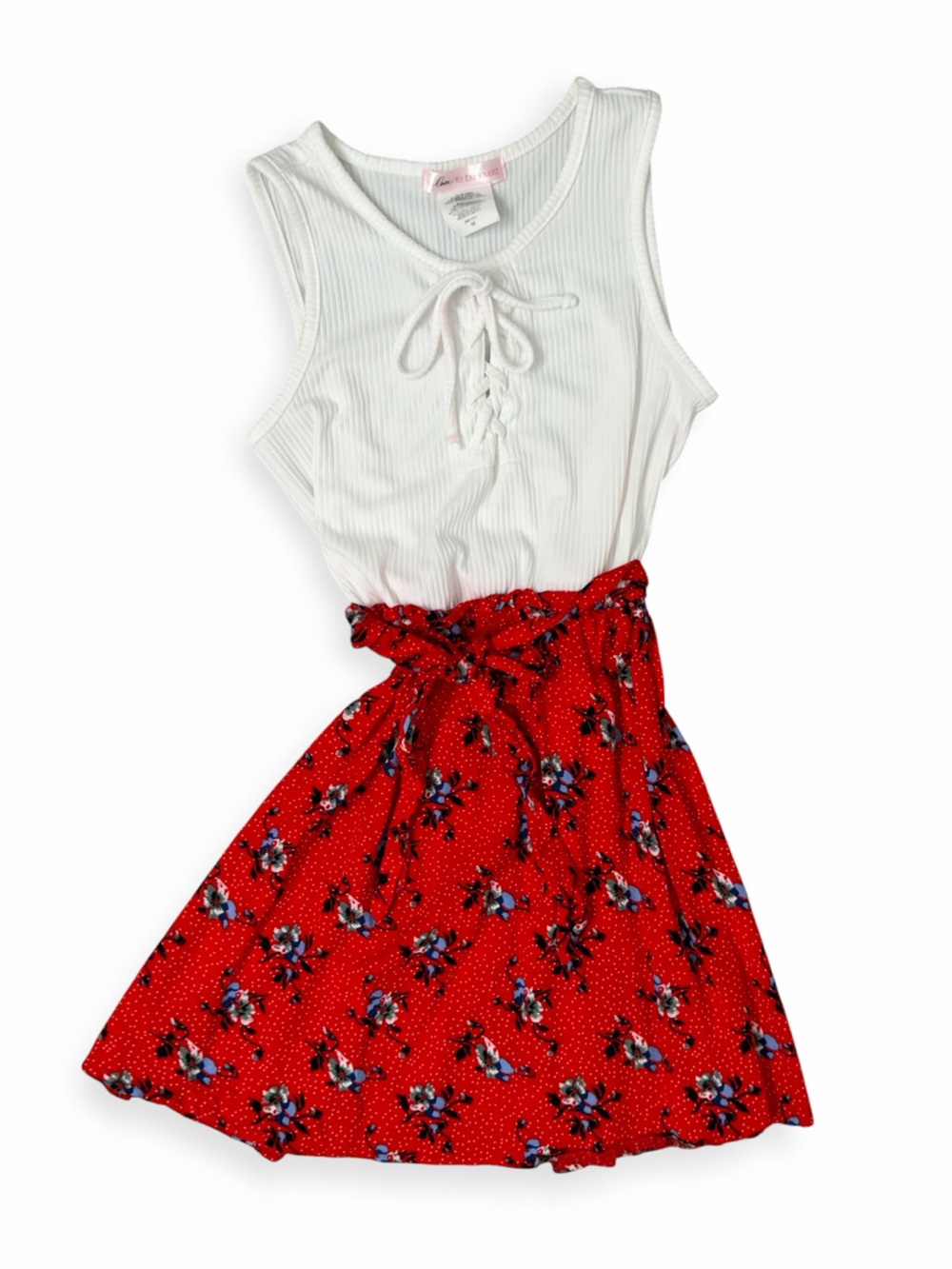 Love to be Loved White Ribbed Lace-Up Tank & Red Floral Dress - 10
